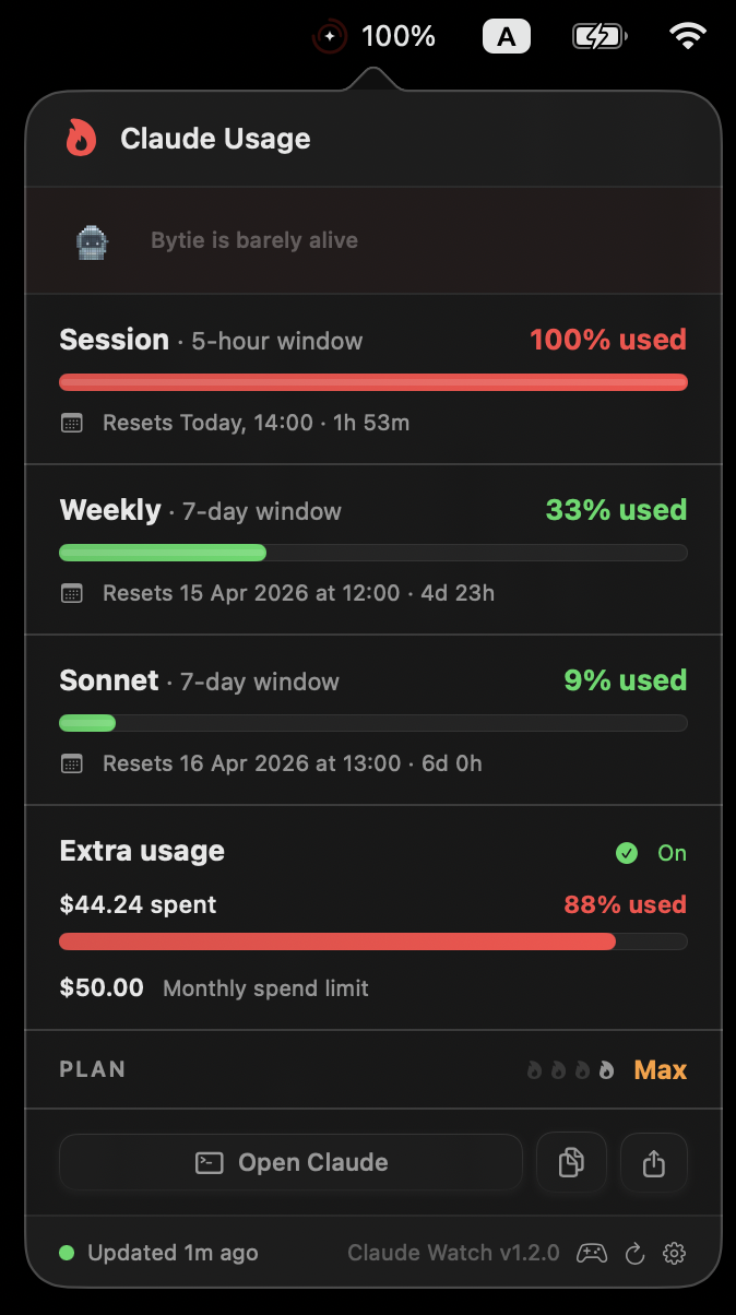 ClaudeWatch menu bar showing Claude API session and weekly usage statistics